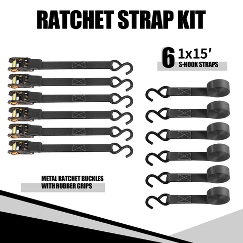 Heavy Duty Ratchet Tie Down Straps One Inch By Fifteen Feet locks down your rig with durable black S-hook straps.
