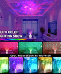 Lit Galaxy Projector with remote projecting multi-colored nebula clouds and stars on living room ceiling, home decor display.