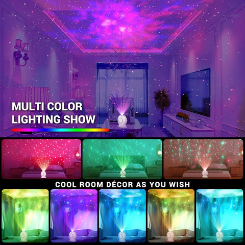 Lit Galaxy Projector with remote projecting multi-colored nebula clouds and stars on living room ceiling, home decor display.