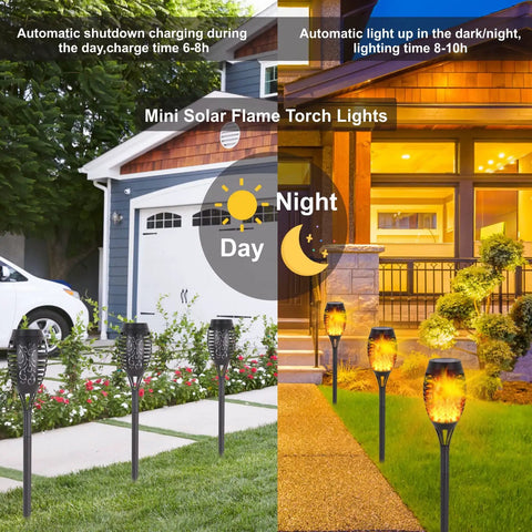 12 Pack Solar Torch Lights With Flickering Flame For Outdoor Decor Waterproof Garden And Pathway Lighting LED Flame Torches at day and night