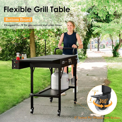 Woman using Portable Outdoor Grill Cart For Blackstone Griddle And Ninja Stand Foldable With Wheels 43 Inch Table outdoors