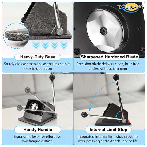 Heavy Duty 70mm Circle Punch for DIY Badges and Scrapbooking with metal base, ergonomic handle, sharp blade, and internal limit stop.
