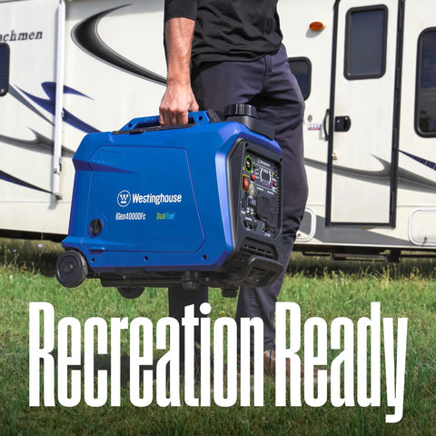 Person holding 4000 Peak Watt Dual Fuel Portable Inverter Generator with Remote Start near RV, blue casing, telescoping handle.