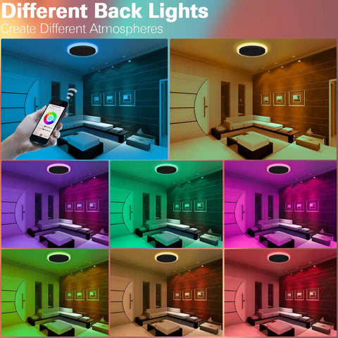 Smart LED Flush Mount Ceiling Light Fixture with RGB Backlit Ambient Lighting shown in various room colors