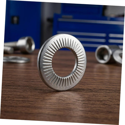 Built Different M6 Stainless Steel Belleville Washers 40 Piece Conical Spring Lock Plate Assembly on wooden surface.