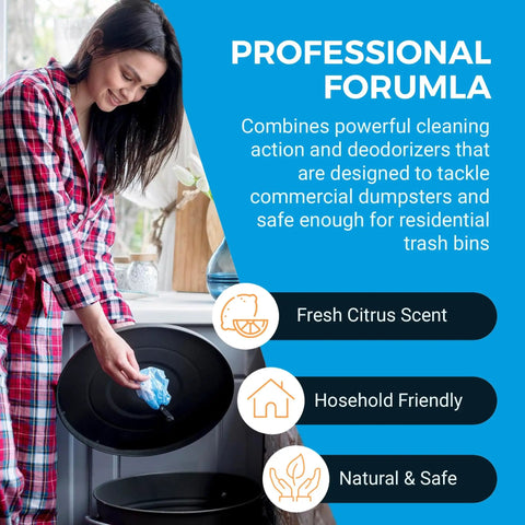 Woman using Heavy Duty Trash Can Odor Eliminator And Degreaser in professional formula with fresh citrus scent description.