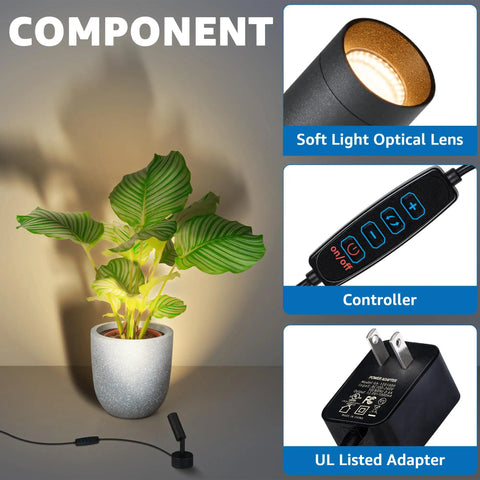 Two Pack 3W Indoor Spotlight Uplights With 10 Ft Cord Dimmable 3000K 4000K 5000K LED Floor Spotlights lighting a plant