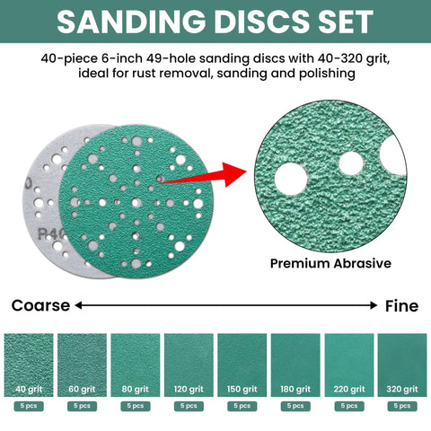 Do It All 6 Inch Sanding Pads And Discs Kit With Tear Resistant 49 Hole Film Sandpaper Grit 40 To 320 For Auto Body Metal
