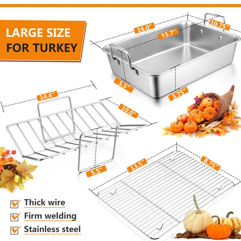 16 Inch Roasting Pan With V Shaped Rack And Baking Rack, Heavy Duty Stainless Steel Deep Broiling Pan With Handles