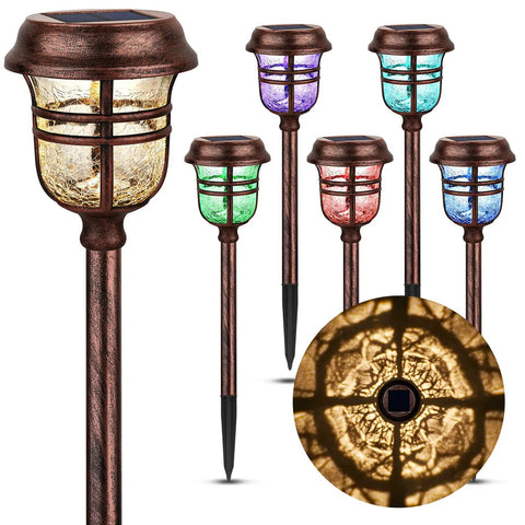 Six Pack RGBW Solar Pathway Lights Outdoor With Auto On Off IP65 Waterproof LED Garden Path Lights displayed in multiple colors