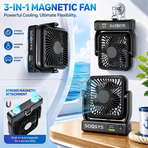 Ultra Slim Cruise Approved Magnetic Fan With 5000Mah Battery 4 Speed Rechargeable Ceiling Fan on desktop and wall mount.
