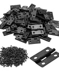 Kick Back And Craft With 80 Pieces Of 18 By 15 Millimeter Mini Hinges Plus 320 Mounting Screws For Wooden Jewelry Box Hardware. A pile of black mini hinges and screws.