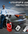 Battery Powered Fuel Transfer Pump With Auto Stop Sensor 3.2 GPM 51 Inch Hose Four Tank Adapters Portable Gas Can Pump For Gasoline And Diesel Red No Fuss Effortless No Spill Pouring used for fueling a car on a roadside.