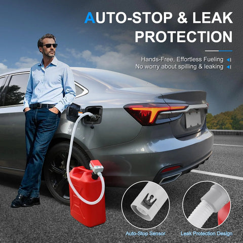 Battery Powered Fuel Transfer Pump With Auto Stop Sensor 3.2 GPM 51 Inch Hose Four Tank Adapters Portable Gas Can Pump For Gasoline And Diesel Red No Fuss Effortless No Spill Pouring used for fueling a car on a roadside.