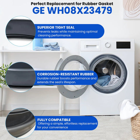 Front Load Washer Door Gasket Replacement Seal for Leaking Machines Fits Various Front Loading Washers and Models WH08X23479 Compatible Gasket for Leak Proof Performance and Easy Install shown with features.