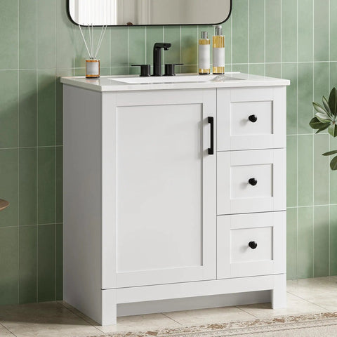 Clean Modern 30 Inch Bathroom Vanity In Bright White Matte With Integrated Sink Offering Straight Up Killer Storage Through Dual Soft Close Drawers And Solid Cabinet Door Total Upgrade For Your Space