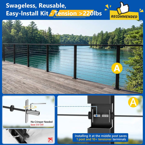 Swageless Invisible Cable Railing Kit 20 Pack No Crimp Reusable T316 Stainless Steel Fixed End Terminals deck view