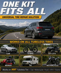 Heavy Duty Tubeless Tire Plug Kit With 61 Durable Rubber Repair Nails And Slick Tools for various vehicles on a scenic road.