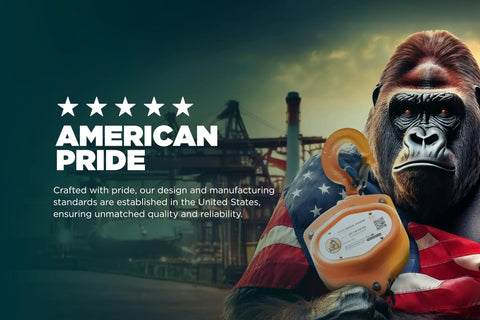Gorilla holding hoist wrapped in American flag with industrial background and 'American Pride' text on left side.
