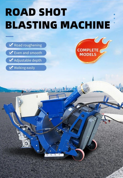 Heavy Duty Concrete Shot Blasting Equipment for Floor Preparation and Surface Refinement, High Power Floor Shot Blaster for Construction Sites, Warehouses and Commercial Buildings, blue road shot blaster on asphalt