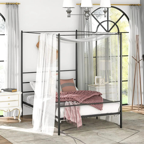Full Size Metal Canopy Bed Frame With Modern Four Poster Silhouette And Sleek Headboard Matte Black Finish in cozy bedroom setting.