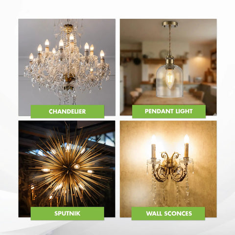 Four lighting fixtures: chandelier, pendant light, sputnik, wall sconces; suited for 12 Pack LED E12 Candelabra Filament Bulbs 60W Equivalent Dimmable