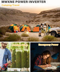 Camping scene with tents using 3000W Pure Sine Wave Inverter For RV And Off Grid Power 24V DC To 110V 120V AC, versatile power uses.