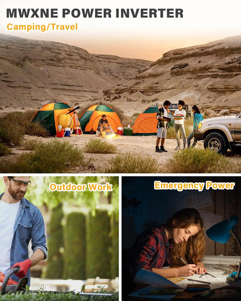 Camping scene with tents using 3000W Pure Sine Wave Inverter For RV And Off Grid Power 24V DC To 110V 120V AC, versatile power uses.
