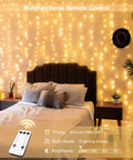 900 LED Outdoor Curtain Lights With Remote, 9.5 By 29.5 Feet Twinkle Warm White String Lights For Bedroom Backdrop