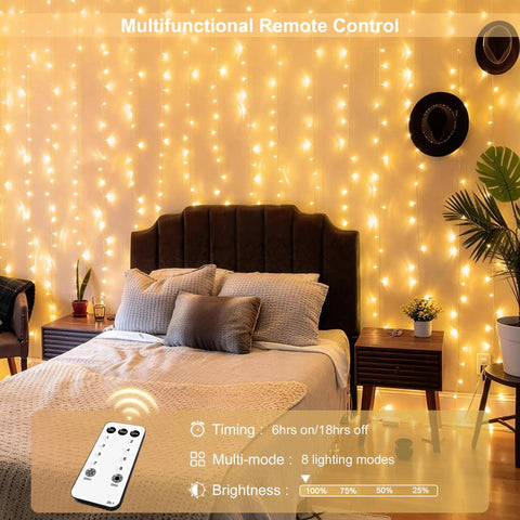 900 LED Outdoor Curtain Lights With Remote, 9.5 By 29.5 Feet Twinkle Warm White String Lights For Bedroom Backdrop