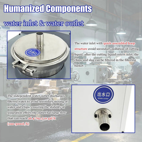 Badass Pneumatic Chip And Sludge Removal Machine Filters CNC Cooling Oil Clears Metallic Gunk And Powder Sediment Keeps Your Fluids Fresh And Shop Workflow Smooth water inlet and outlet components in stainless steel.