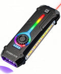 Ultra Flat Stainless Steel EDC Flashlight With 1800 Lumens USB C Rechargeable Pocket Light shown with RGB and UV features