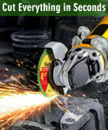 Indestructible Multi Material Cut Off Disc For Angle Grinders cutting metal with sparks flying, showing 4.5 inch diameter disc
