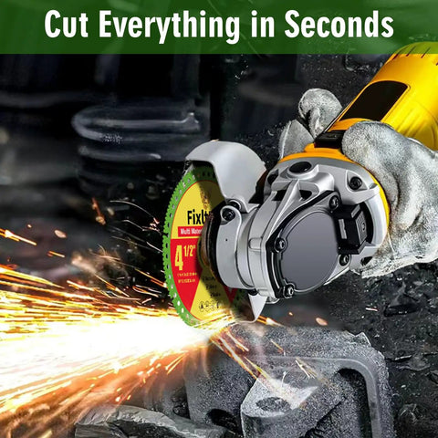 Indestructible Multi Material Cut Off Disc For Angle Grinders cutting metal with sparks flying, showing 4.5 inch diameter disc