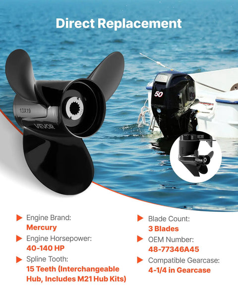 Upgrade Aluminum Outboard Propeller For Mercury Engines 40 140 HP 15 Spline 3 Blade Right Hand Rotation Gearcase 4 Inch Beefy OEM Replacement Boat Prop Direct Fit For Easy Install And Long Lasting Performance