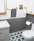 Bathroom with Brushed Gold 6 Piece Bath Accessory Set with 16 Inch Towel Bar, toilet paper holder and 4 hooks in premium SUS 304 stainless steel