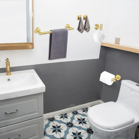 Bathroom with Brushed Gold 6 Piece Bath Accessory Set with 16 Inch Towel Bar, toilet paper holder and 4 hooks in premium SUS 304 stainless steel