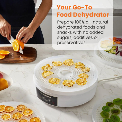 Total Game Changer Digital Food Dehydrator With Five Roomy Trays Variable Heat Controls And An Easy Forty Eight Hour Timer So You Can Turn Out Crispy Snacks Smooth Jerky And Dried Herbs Daily with sliced oranges and dried fruit.