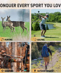 Collage of hunting deer, golfing, archery, and hiking, highlighting uses for Game Changer Range Finder For Hunting And Golf 1200 Yard Range