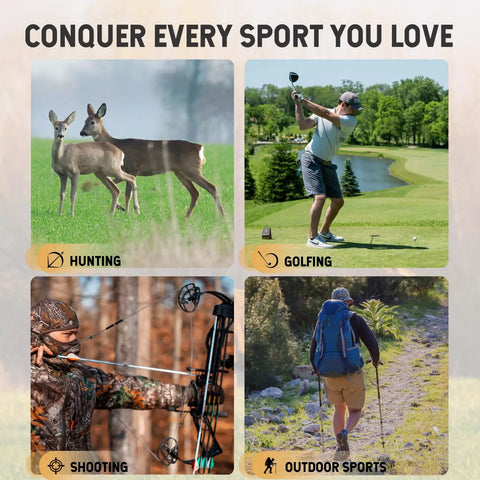 Collage of hunting deer, golfing, archery, and hiking, highlighting uses for Game Changer Range Finder For Hunting And Golf 1200 Yard Range