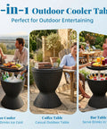 3-in-1 outdoor cooler table as ice cooler, coffee table, and bar table; 8 Gallon Cooler Bar Table With Adjustable Height 3 In 1 Outdoor Cooler Coffee Table And Bar Stand For Backyard Pool Patio BBQs And Parties Drain Plug Black in use