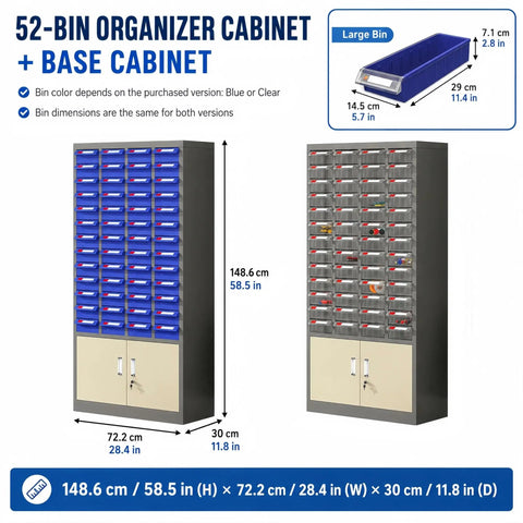 Heavy Duty Tool Storage Cabinet With Parts Drawers And Locking Double Door Lower Cabinet For Workshop Organization Durable Steel Construction Quick Access Parts Storage And Secure Tool Keeping. 52-bin organizer cabinet with base cabinet, 148.6 cm tall, blue bins