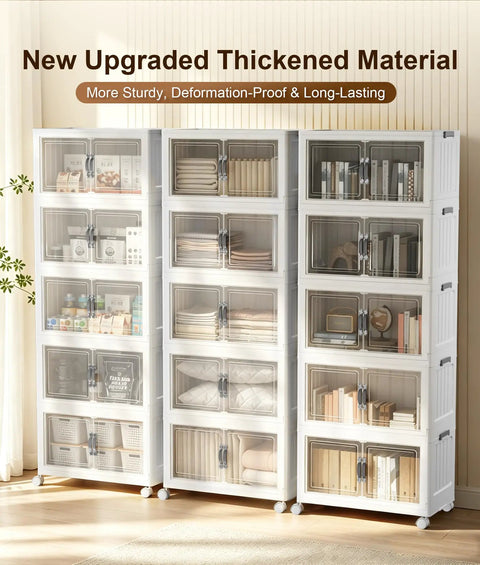Slick 5 Tier Stackable Storage Bins With Removable Locking Covers And Clear Front Doors 415 QT Rolling Organizer Rock Solid Casters For Hella Spacious Home Wardrobe And Toy Clutter Management