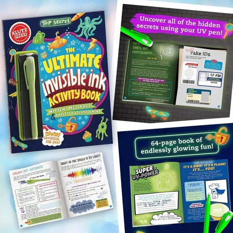 Klutz Lego Gear Bots Science Building Kit With Invisible Ink Activity Book showing cover and activity pages with UV pen.