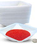 Disposable 330mL Weigh Boats Pack Of 125 Large Plastic Weighing Dishes For Lab Use Food Safe Antistatic Polystyrene Great For Measuring Powders Liquids Supplements And Food Samples With Easy Cleanup, stack of clear boats with one filled with red powder