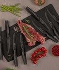 Eight Piece Steak Knife Set With Stainless Steel Serrated Blades, Rust Resistant Nonstick Coating, Elegant Black Handles