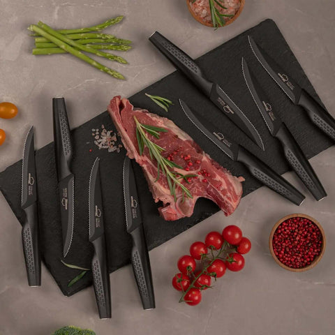 Eight Piece Steak Knife Set With Stainless Steel Serrated Blades, Rust Resistant Nonstick Coating, Elegant Black Handles
