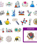 50 Pcs Science Stickers Pack Multicolor Vinyl Decals for Physics Chemistry Biology Experiments featuring scientific designs