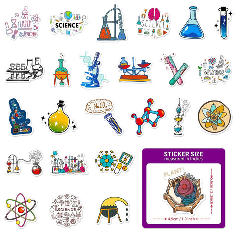 50 Pcs Science Stickers Pack Multicolor Vinyl Decals for Physics Chemistry Biology Experiments featuring scientific designs