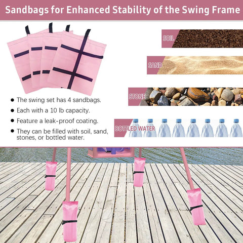 Foldable Toddler Swing Set For Indoor And Outdoor Play sandbags for stability, adjustable seat heights, pink swing, easy assembly